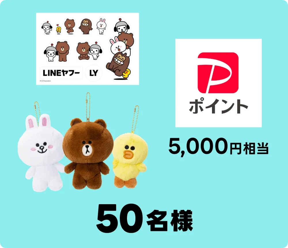 PayPayポイント5,000円相当＋LINE FRIENDSぬいぐるみキーホルダー＋LINEヤフーステッカー