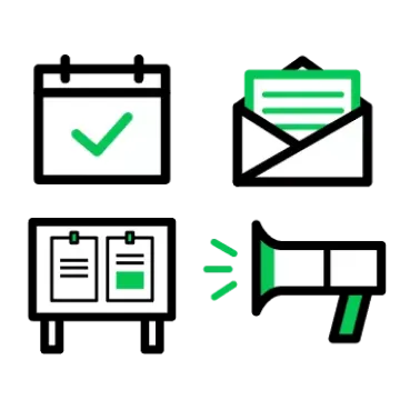 カレンダーアイコン、メールアイコン、掲示板アイコン、アナウンスアイコン