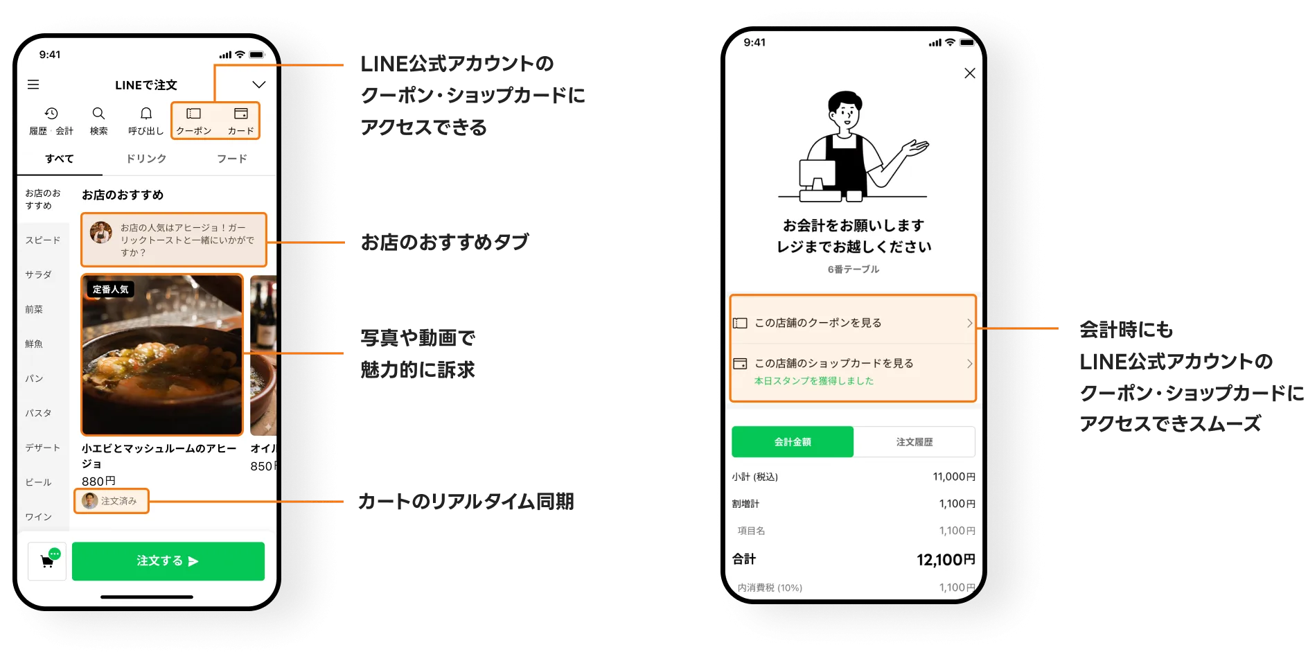 LINE公式アカウントのクーポン・ショップカードにアクセスできる 多言語翻訳機能でどなたでも安心 お店のおすすめタブ 写真や動画で魅力的に訴求 カートのリアルタイム同期 会計時にもLINE公式アカウントのクーポン・ショップカードにアクセスできスムーズ