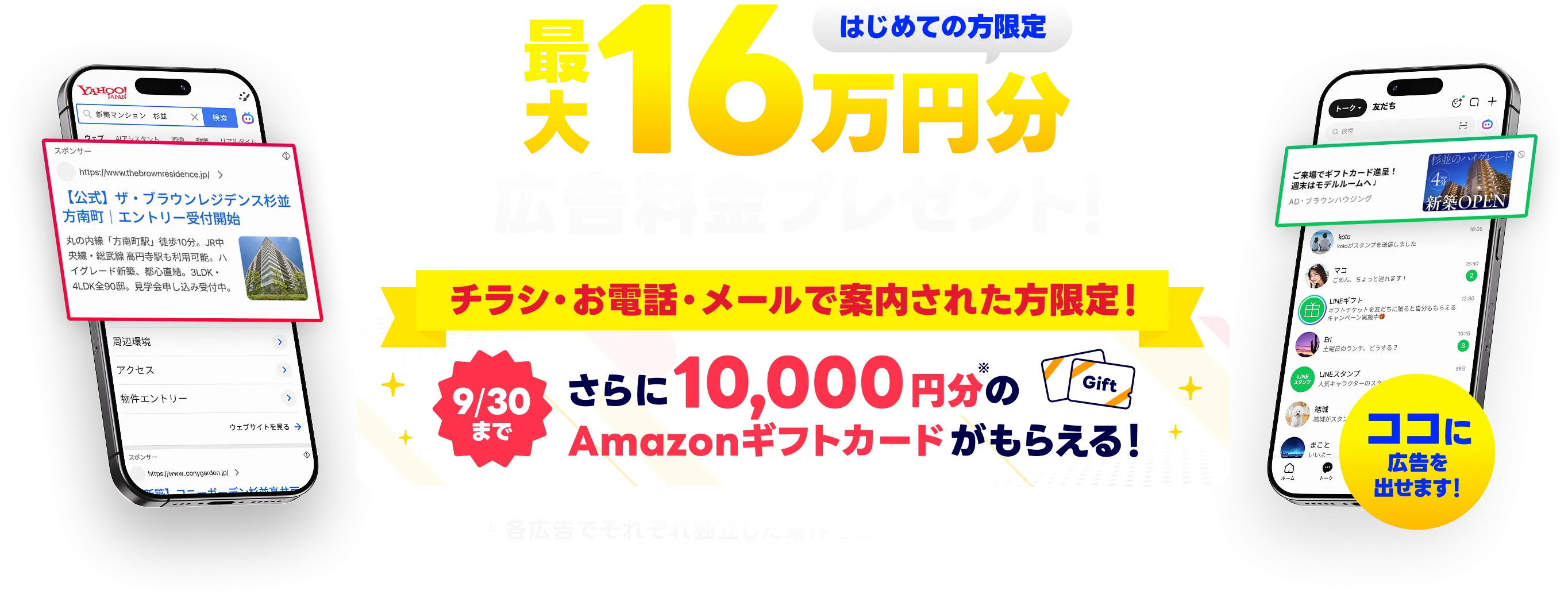 サイト集客を無料で試せます！はじめての方限定 最大16万円分 広告料金プレゼント！検索広告のクリック発生で6万円分、ディスプレイ広告の費用発生で10万円分