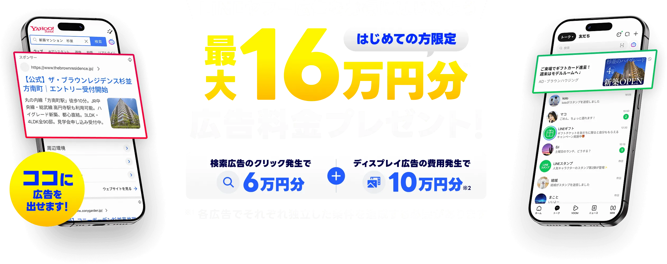 サイト集客を無料で試せます！はじめての方限定 最大16万円分 広告料金プレゼント！検索広告のクリック発生で6万円分、ディスプレイ広告の費用発生で10万円分