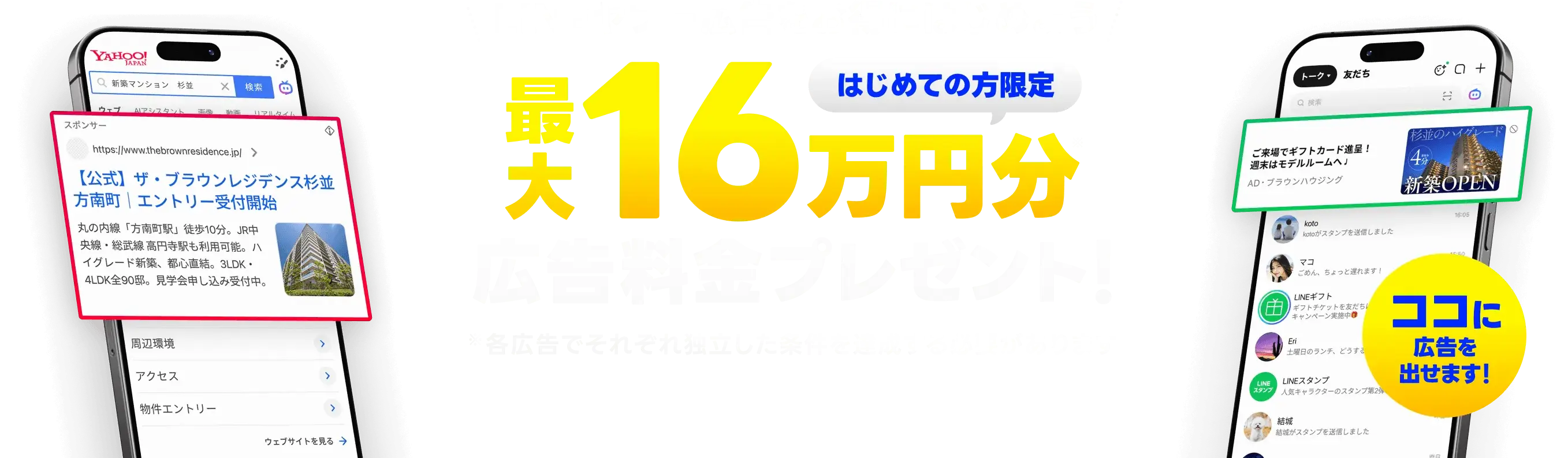 サイト集客を無料で試せます！はじめての方限定 最大16万円分 広告料金プレゼント！検索広告のクリック発生で6万円分、ディスプレイ広告の費用発生で10万円分